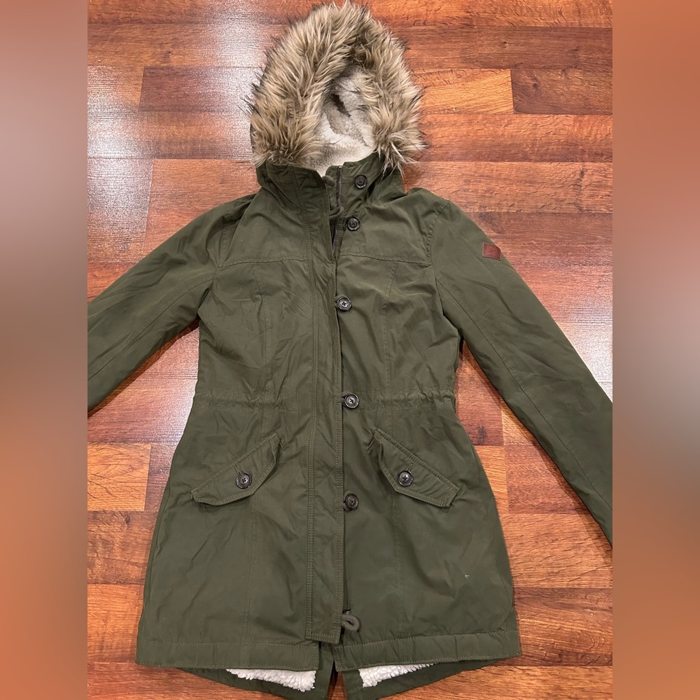Hollister Olive Green Faux Fur Hooded Parka Jacket